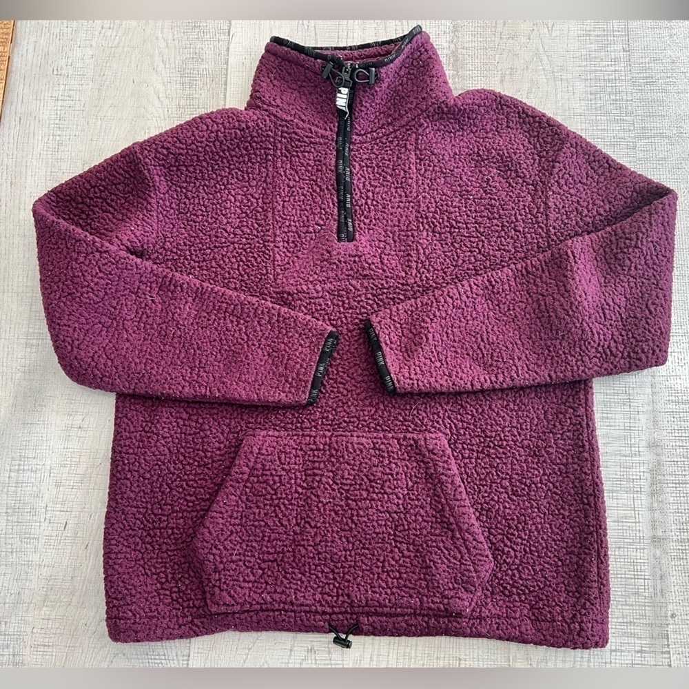 Pink by Victoria Secret Maroon Sherpa Quarter Zip Pull Over Jacket Size Small - Picture 2 of 12